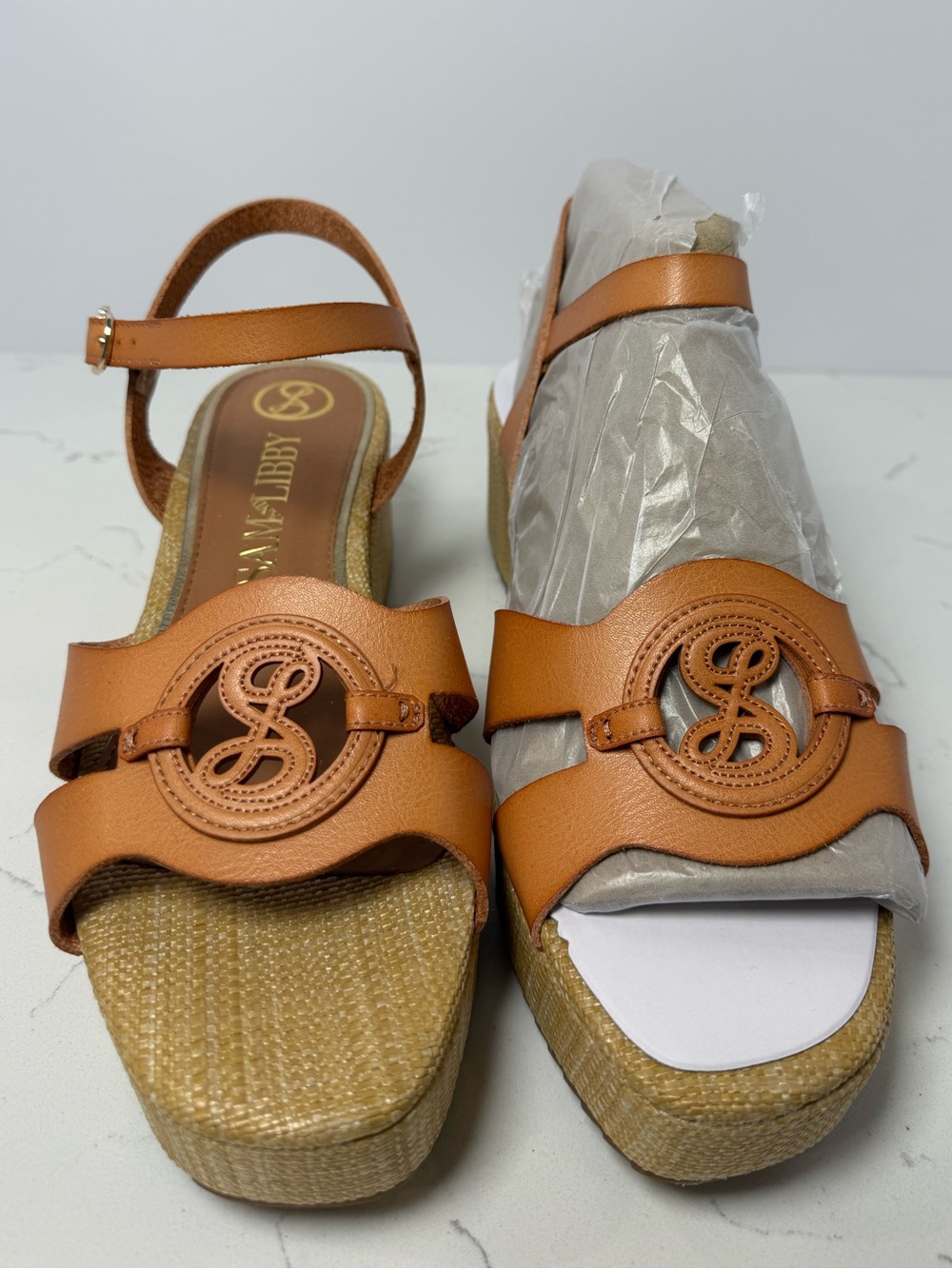 Sam & Libby Tan Leather Wedge Sandals with Logo Medallion